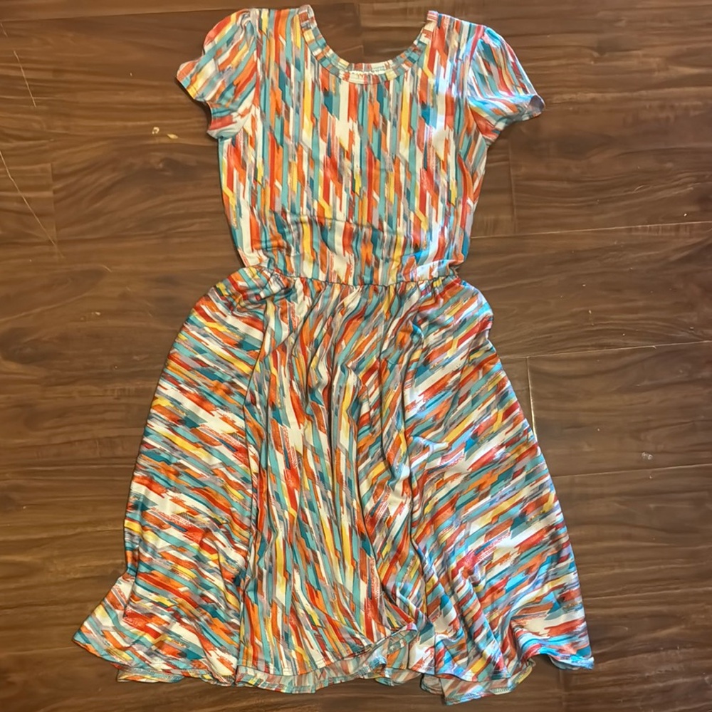 Dot Dot Smile Blue and Orange Sundress with Puff Sleeves and Scoop Neck